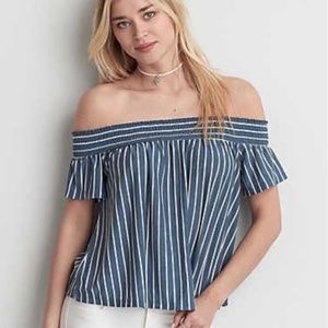 AE Flowy Off the Shoulder Striped Blue Top